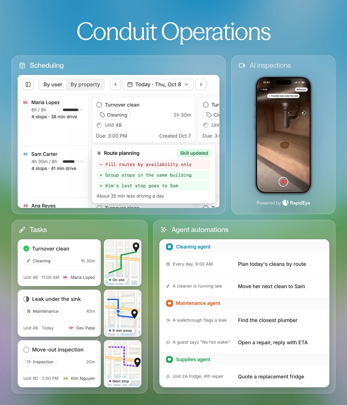 Conduit Operations: scheduling with a route planning skill, AI inspections powered by RapidEye flagging a leak, tasks with live routes, and cleaning, maintenance and supplies agents