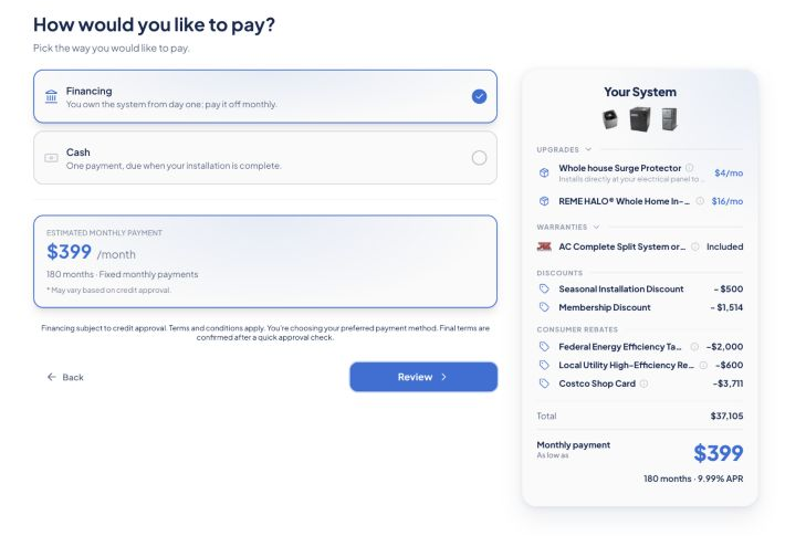 Checkout Studio payment choices beside the homeowner order summary.