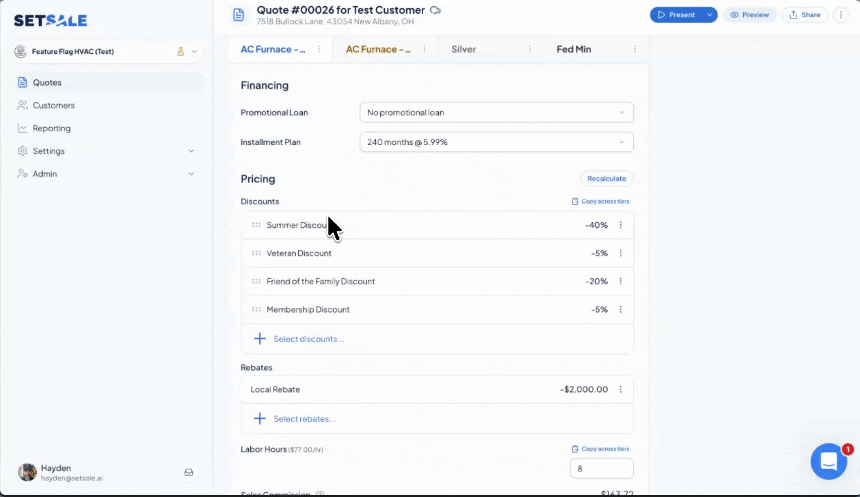 Reordering discounts within a SetSale quote while calculated amounts remain correct