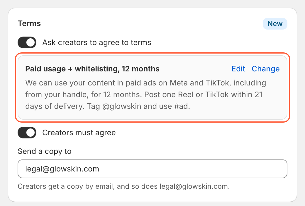 The Terms card in the gifting form editor