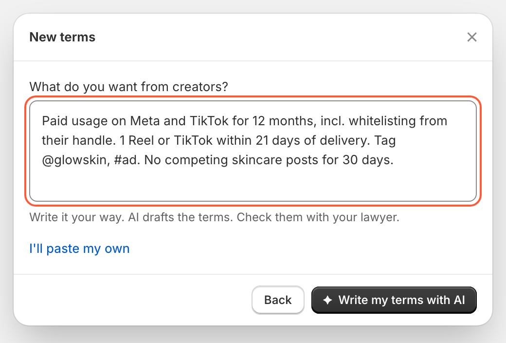 The New terms step with deal points typed in