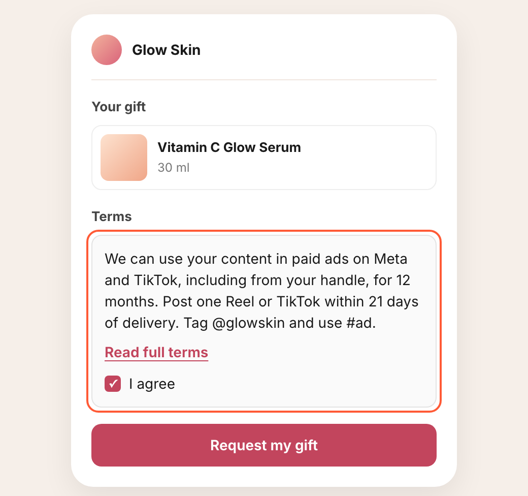 The creator-facing gifting form with the Terms section