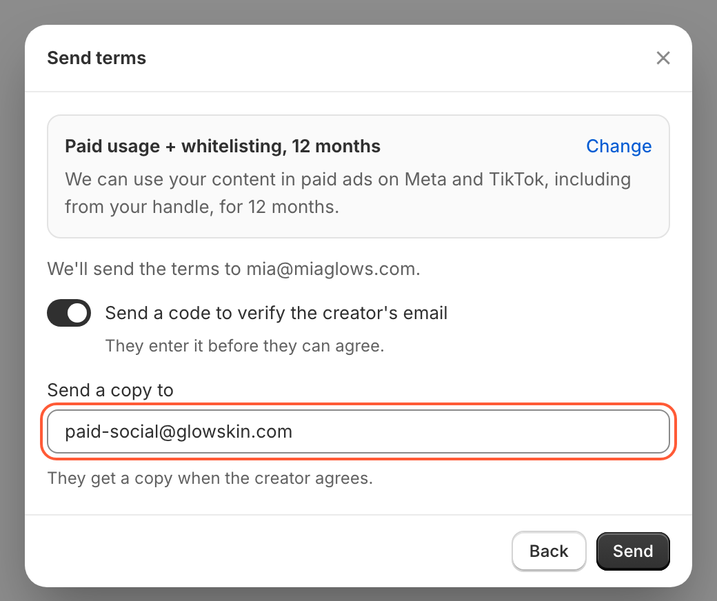 The Send terms popup