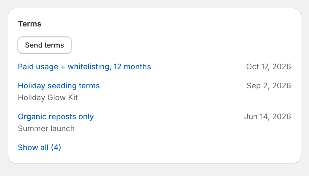 The Terms card on a creator page listing past agreements