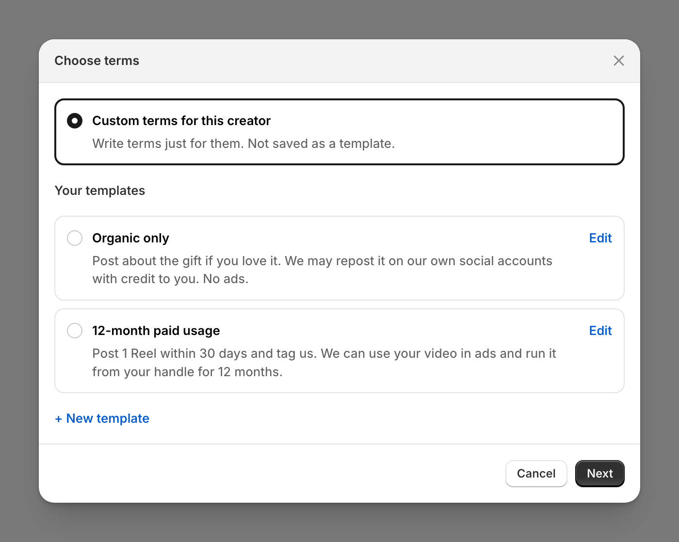 The Choose terms step with Custom terms for this creator above your templates